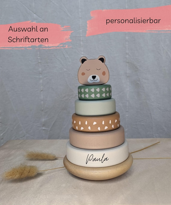 Personalisiertes Holz Steckspiel mit Namen – Montessori Stapelturm Babyspielzeug – Geschenk zur Geburt, Taufe, 1. Geburtstag Kinder