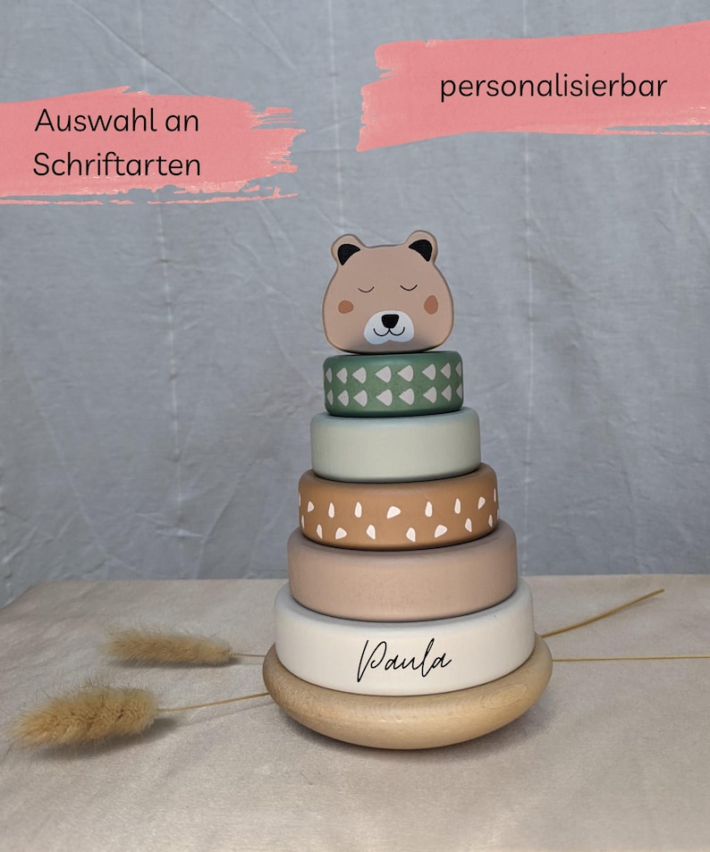 Personalisiertes Holz Steckspiel mit Namen – Montessori Stapelturm Babyspielzeug – Geschenk zur Geburt, Taufe, 1. Geburtstag Kinder immagine 1