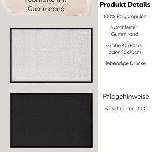 May include: A white and black doormat with a non-slip rubber border. The doormat is available in two sizes: 40x60 cm or 50x70 cm. The doormat is made of 100% polypropylene and is machine washable at 30 degrees Celsius.
