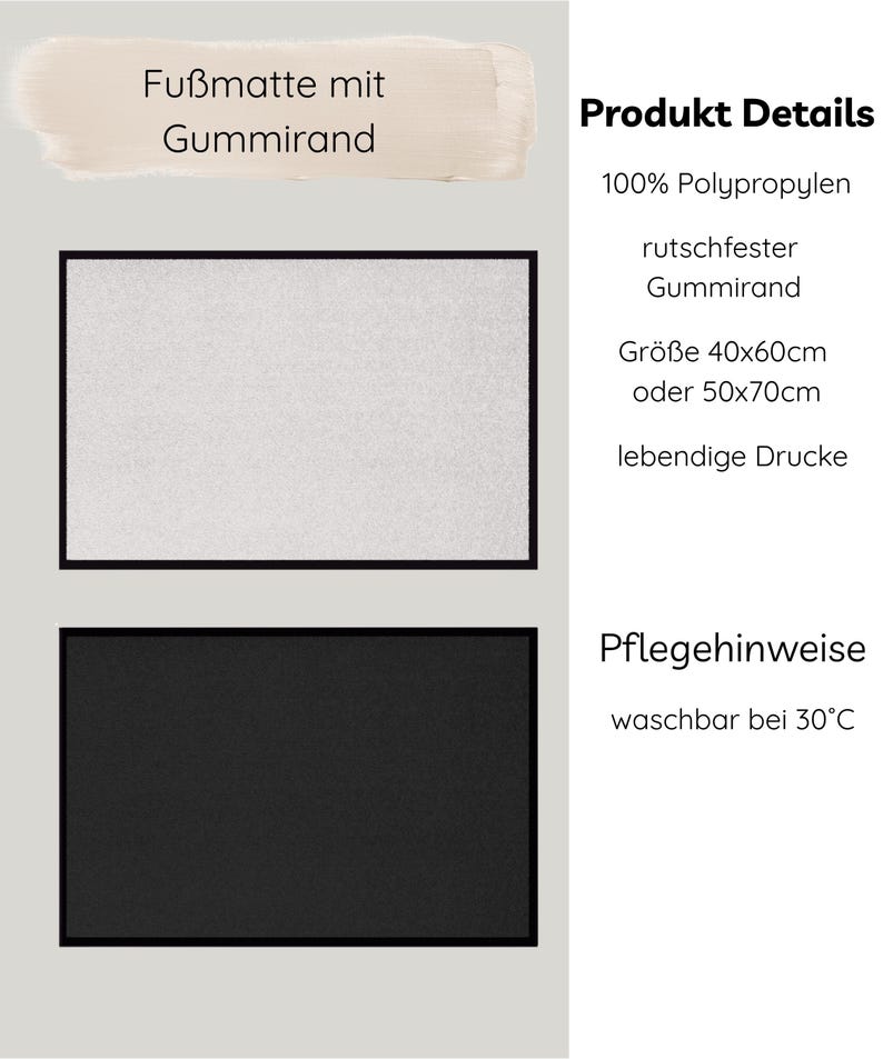 May include: A white and black doormat with a non-slip rubber border. The doormat is available in two sizes: 40x60 cm or 50x70 cm. The doormat is made of 100% polypropylene and is machine washable at 30 degrees Celsius.