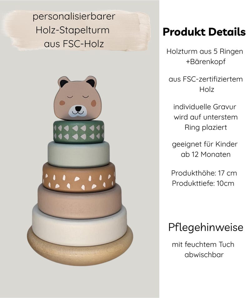 Personalisiertes Holz Steckspiel mit Namen – Montessori Stapelturm Babyspielzeug – Geschenk zur Geburt, Taufe, 1. Geburtstag Kinder immagine 4