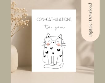 Könnte beinhalten: Eine weiße Grußkarte mit einer schwarzen Strichzeichnung einer Katze, die eine runde Brille trägt und mit kleinen schwarzen Herzen verziert ist. Der Text lautet CON-CAT-ULATIONS to you in schwarzer Schrift. Die Katze hat rosa Wangen und einen langen Schwanz.