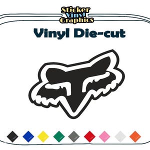 May include: A black vinyl die-cut sticker featuring a stylized fox head logo. The text Sticker Vinyl Graphics appears at the top, with Vinyl Die-cut below it. A row of nine small colored diamond shapes in black, blue, yellow, green, gray, red, pink, white, and orange is displayed at the bottom.
