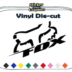 May include: A black vinyl die-cut sticker featuring the Fox logo and the text "FOX" underneath. The image includes the text "Sticker Vinyl Graphics" and "Vinyl Die-cut" at the top, with a row of nine colored diamond-shaped icons at the bottom.