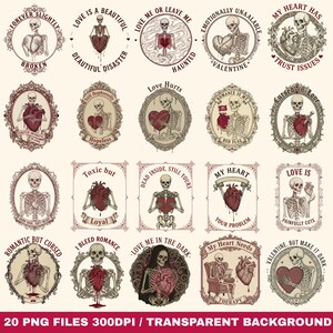 Puede incluir: Un conjunto de 20 archivos PNG con ilustraciones vintage de esqueletos, corazones y frases románticas. Los diseños utilizan tonos rojos, marrones y blancos, con marcos decorativos y texto como "Love Hurts" y "Valentine".