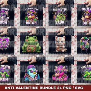 Puede incluir: Una colección de bolsas de mano negras con varios personajes de dibujos animados con gafas de sol y collares de cuentas. Las bolsas muestran texto como "SIX SEVTEN BRUH" y "67". La parte inferior de la imagen dice "ANTI-VALENTINE BUNDLE 21 PNG / SVG".