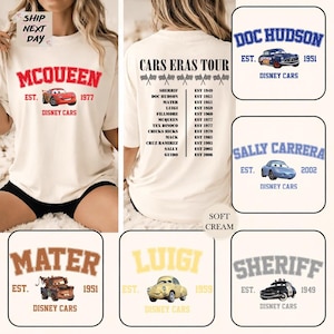The image is a collage of various Disney Cars-themed t-shirts, featuring different characters and designs.