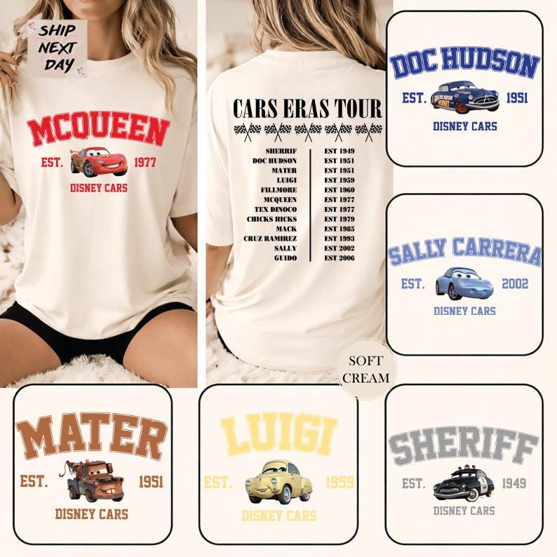 The image is a collage of various Disney Cars-themed t-shirts, featuring different characters and designs.