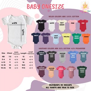 The image is a collection of baby onesizes, including solid colors and various color options, along with their corresponding measurements.