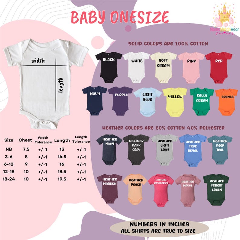 The image is a collection of baby onesizes, including solid colors and various color options, along with their corresponding measurements.