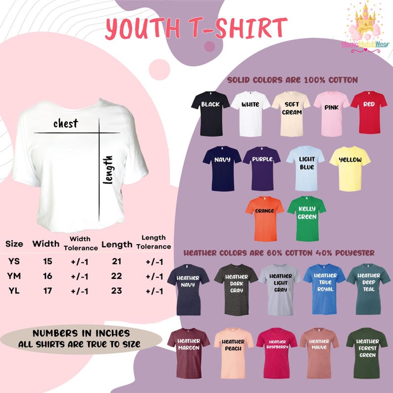 The image is a colorful collage of various youth t-shirt designs, including different solid colors, solid colors, and solid colors with different patterns and designs. The collage also includes a chest size chart and a list of solid colors and their corresponding t-shirt designs.