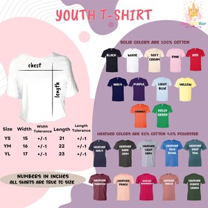 The image is a colorful collage of various youth t-shirt designs, including different solid colors, solid colors, and solid colors with different patterns and designs. The collage also includes a chest size chart and a list of solid colors and their corresponding t-shirt designs.