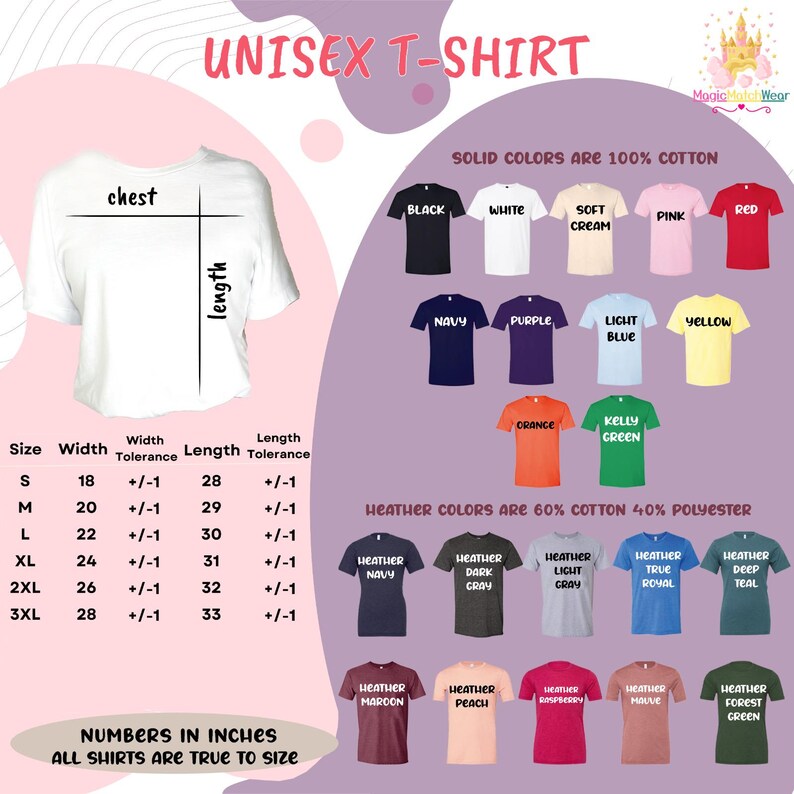 The image is a collage of various t-shirt designs, each with different colors and sizes, along with a chart that provides information about the t-shirt sizes and their corresponding solid colors.