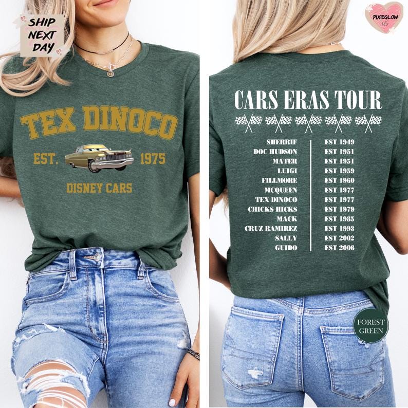 a green t-shirt with a graphic design of a classic car from the Disney Cars movie franchise. The t-shirt has text and numbers printed on it, indicating the years the cars were established.