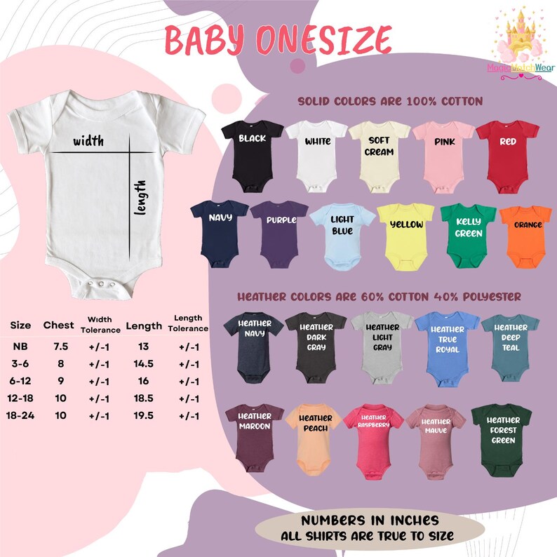 The image is a collection of baby onesizes, including solid colors and various color options, along with their corresponding measurements.