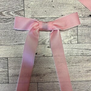 May include: A pink velvet ribbon tied into a bow with long tails.