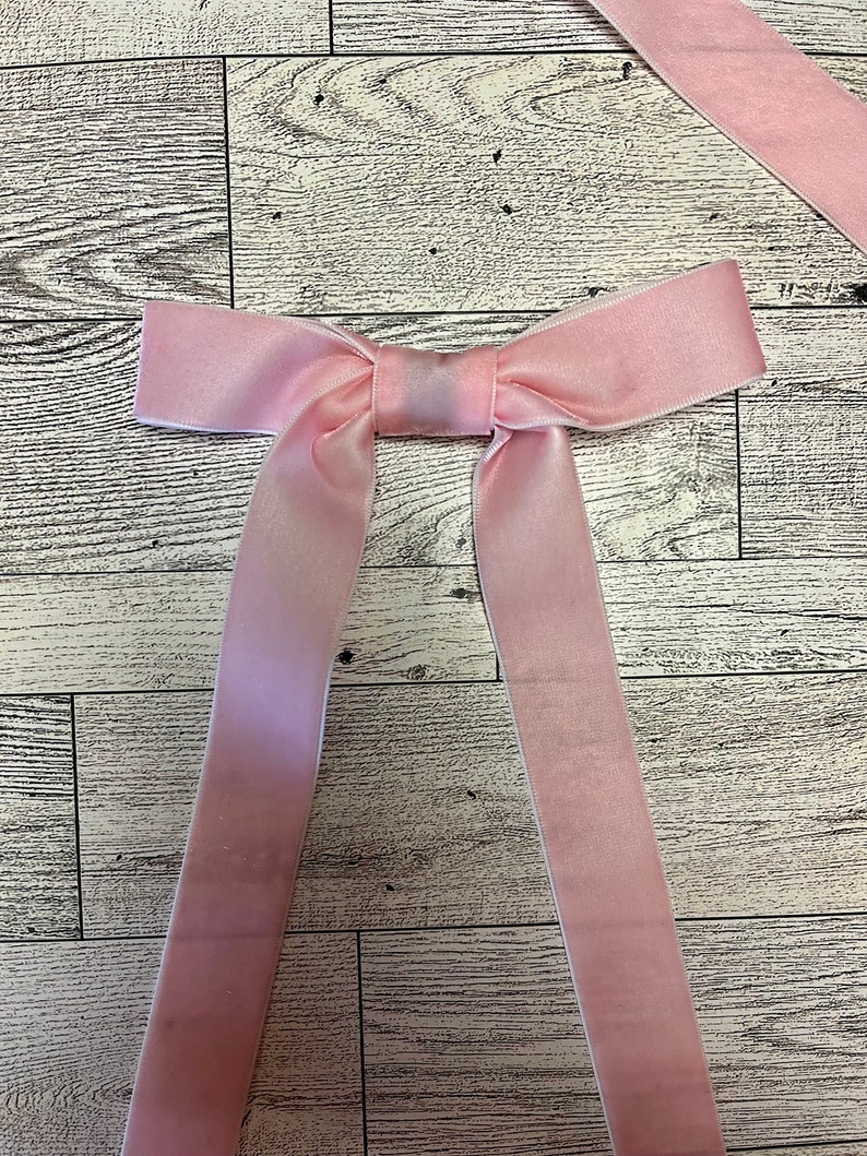 May include: A pink velvet ribbon tied into a bow with long tails.