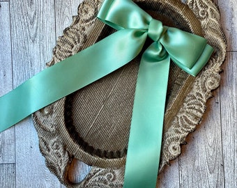 Long sage satin bow, bows for women, satin bows, green satin, barrette, hair clip, fashion bow, long tail bow, luxe bow, teen, long ribbon