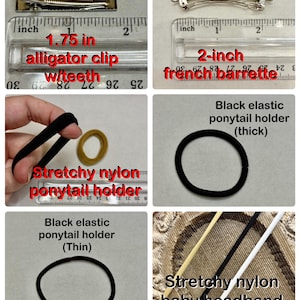May include: Assortment of hair accessories including a 1.75-inch alligator clip with teeth, a 2-inch French barrette, black elastic ponytail holders (thick and thin), a stretchy nylon ponytail holder, and a stretchy nylon baby headband.