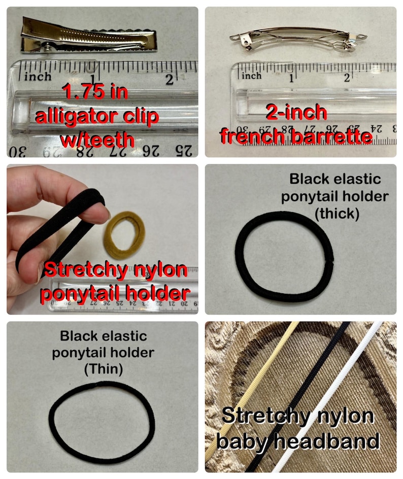May include: Assortment of hair accessories including a 1.75-inch alligator clip with teeth, a 2-inch French barrette, black elastic ponytail holders (thick and thin), a stretchy nylon ponytail holder, and a stretchy nylon baby headband.