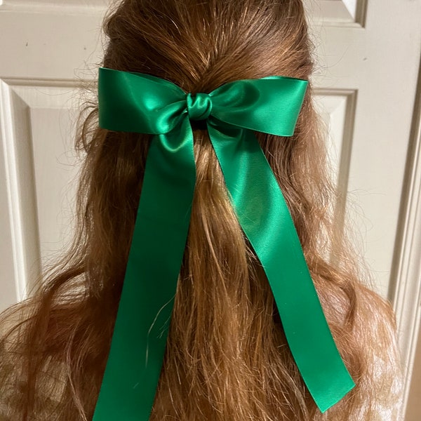 Long green satin bow for women, satin bows, emerald, barrette, hair clip, fashion bow, long tail, luxe, St. Patrick's Day bow, long ribbon