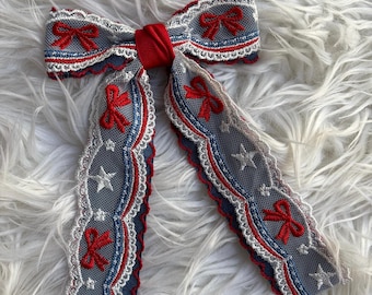 Patriotisk spetshårrosett, håraccessoar med lång svans, rödvit och blå klämma, 4 juli-hästsvans, amerikansk hårspänne