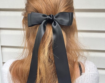Long Black Satin Hair Bow, Coquette Barrette Clip