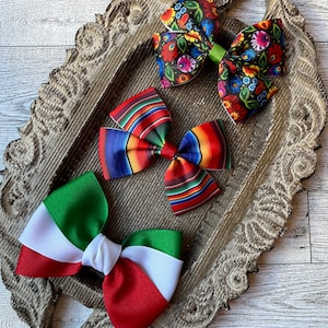 Cinco de Mayo bows for girls, Mexican flag hair barrette, ribbon clip, baby headband bow, serape hair bow, fiesta bow, Mexican flower bow