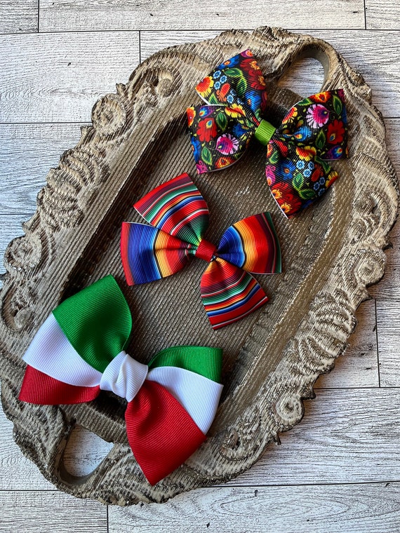 Cinco de Mayo Hair Bow, Mexican Flag, Serape, Flower Barrette