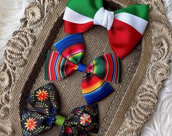 Green white and red Mexican flag bow, black floral hair accessory, serape stripe baby headband, mexicana style, southwest, fiesta clip