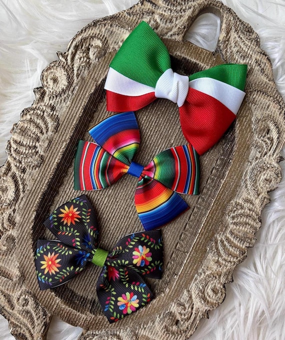 Green white and red Mexican flag bow, black floral hair accessory, serape stripe baby headband, mexicana style, southwest, fiesta clip