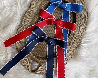Navy Skinny Moonstitch Ribbon Hair Bow, Long Tails, Preppy Teen Style, Royal blue bow, red moonstitch barrette