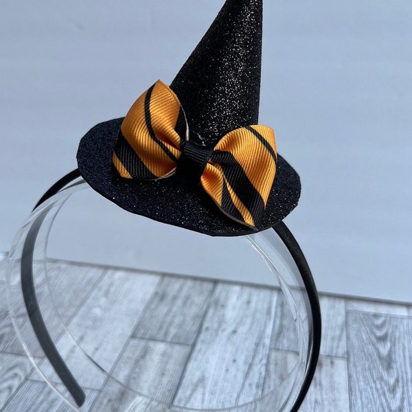 Witch hat headband, wizard cosplay, house colors, gold and black, witch costume, witch hat fascinator, gold and black hair accessories