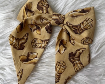 Cowboy Fabric Hair Bow, Wild West Barrette, 5 inch Sailor Bow Clip with tails, western chic, cowgirl accessory, rodeo wear, cowboy birthday