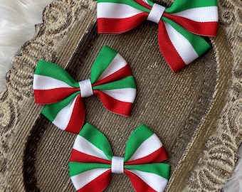 Red White Green Hair Bow, Italian/Mexican Flag, Pigtail Set
