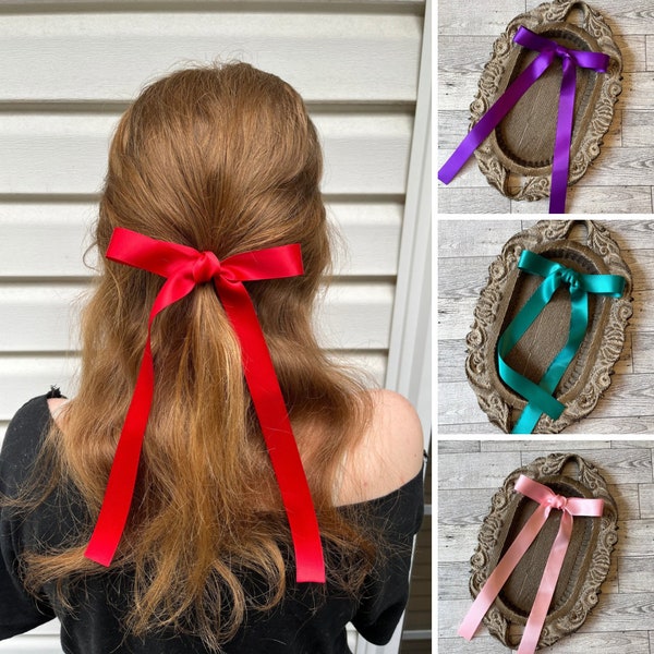 Pick your own long satin ribbon hair bows for women, girl bows, satin bows, coquette, barrette, hair clip, fashion bow, luxe, prom, coquette