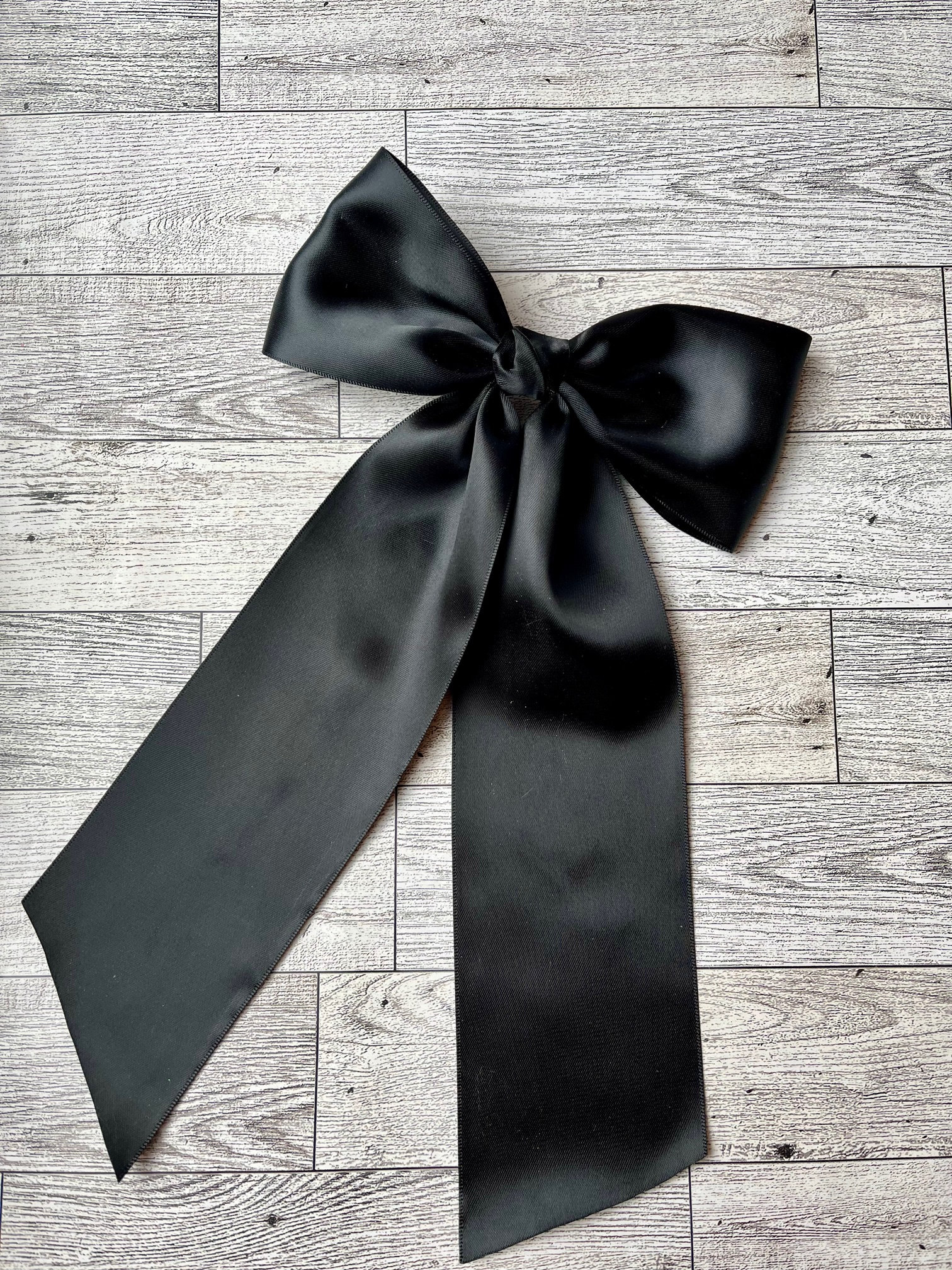 Large Black Satin Hair Bow, Long Tail Barrette, Coquette 