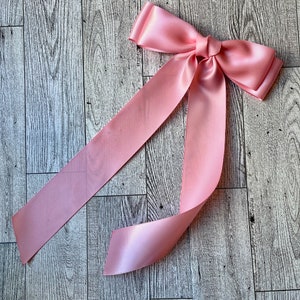 Long pink satin bow, bows for women, satin bows, coquette, barrette, hair clip, fashion bow, long tail bow, luxe bow, teen, long ribbon image 3