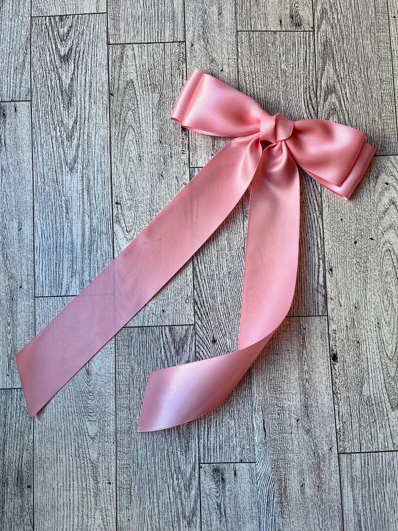 Long pink satin bow, bows for women, satin bows, coquette, barrette, hair clip, fashion bow, long tail bow, luxe bow, teen, long ribbon image 3