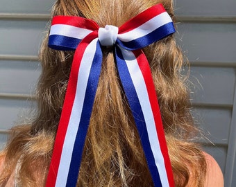 Fiocco per capelli lungo rosso, bianco e blu, accessorio patriottico da cheerleader USA