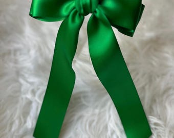Long Emerald Satin Hair Bow, Coquette Hair Clip