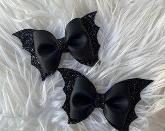 Bat Pigtail Bows, faux leather hair barrette, halloween hair accessory, trick or treat costume