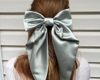 Large satin hair bow for women, satin bow, sage bow, oversized bow, sage green bow, long tail bow, fashion bow, trending bow, satin fabric