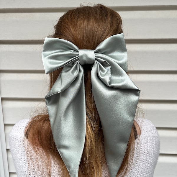 Large satin hair bow for women, satin bow, sage bow, oversized bow, sage green bow, long tail bow, fashion bow, trending bow, satin fabric