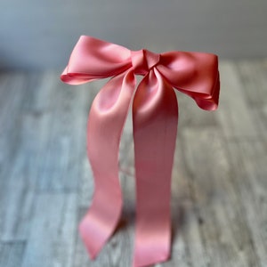 Long pink satin bow, bows for women, satin bows, coquette, barrette, hair clip, fashion bow, long tail bow, luxe bow, teen, long ribbon image 4