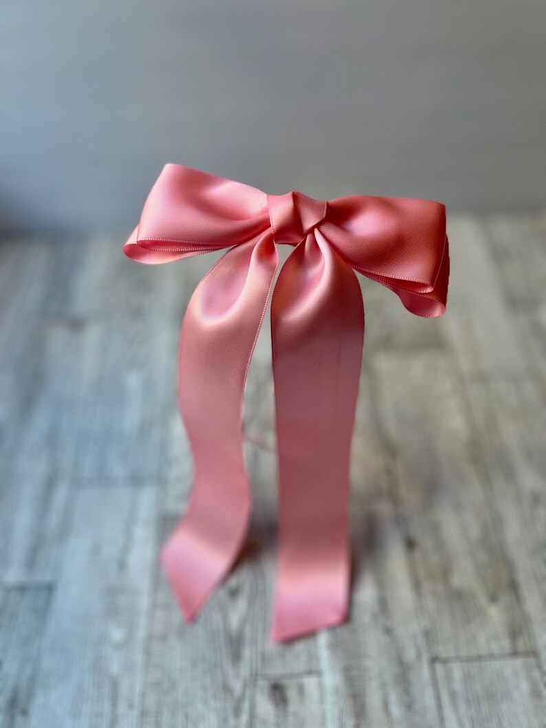 Long pink satin bow, bows for women, satin bows, coquette, barrette, hair clip, fashion bow, long tail bow, luxe bow, teen, long ribbon image 4