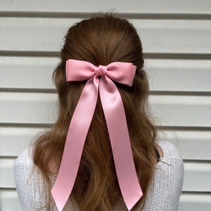 Long pink satin bow, bows for women, satin bows, coquette, barrette, hair clip, fashion bow, long tail bow, luxe bow, teen, long ribbon