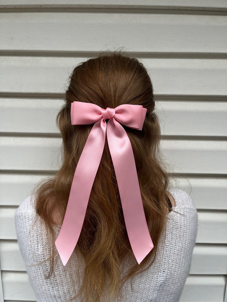 Long pink satin bow, bows for women, satin bows, coquette, barrette, hair clip, fashion bow, long tail bow, luxe bow, teen, long ribbon image 1