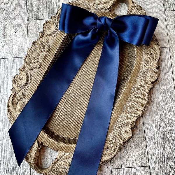 Long navy blue satin bow, bows for women, satin bows, coquette, barrette, hair clip, fashion bow, long tail bow, luxe bow, teen, long ribbon