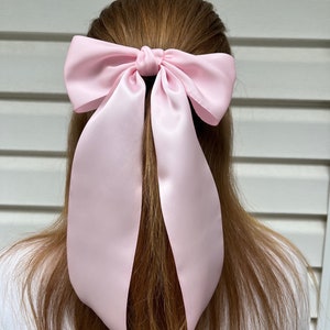 Large light pink satin coquette hair bow, long tail bow, pink satin barrette, oversized bow, luxe, teen, fashion, prom, bridesmaid, wedding